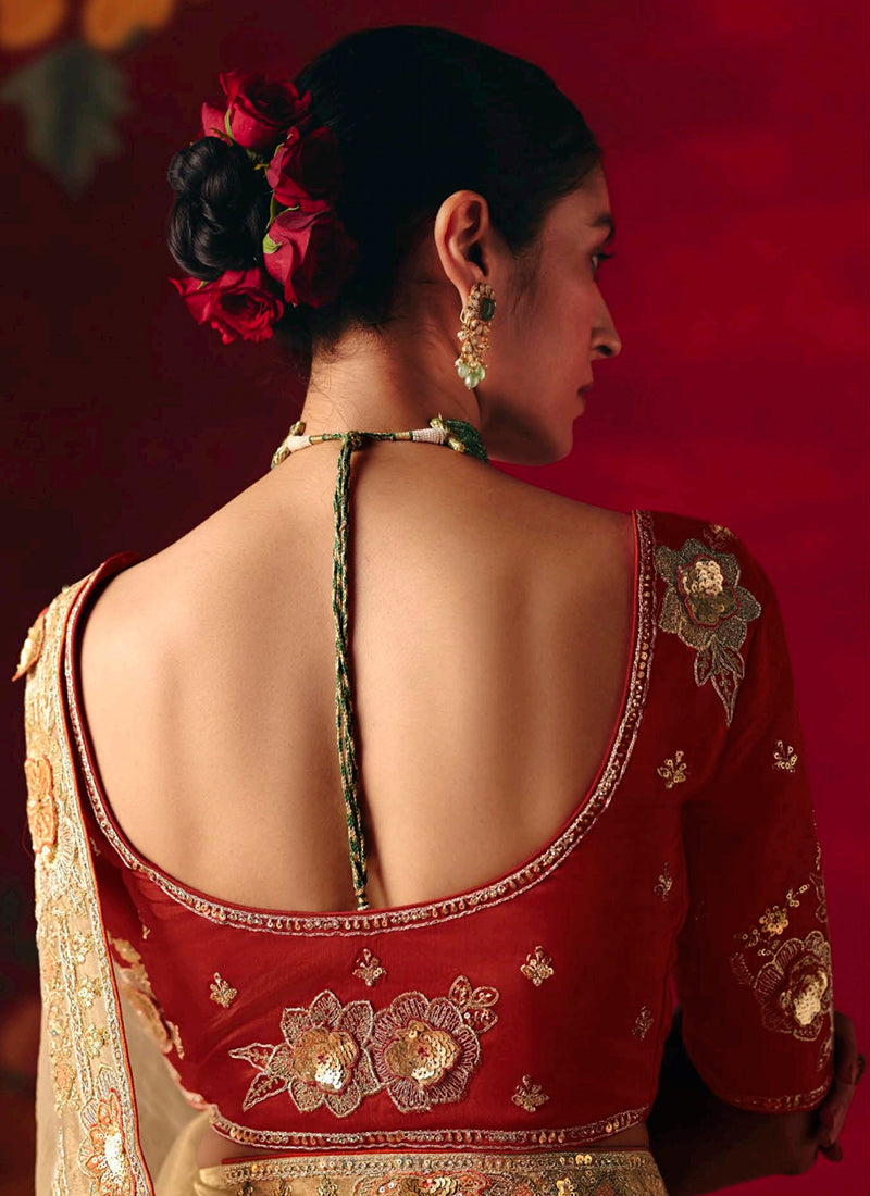 Fancy Silk Light Gold Wedding Wear Embroidery Work Wedding Saree 388694