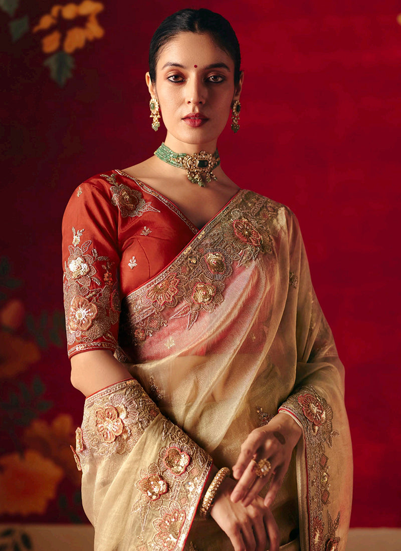 Fancy Silk Light Gold Wedding Wear Embroidery Work Wedding Saree 388694