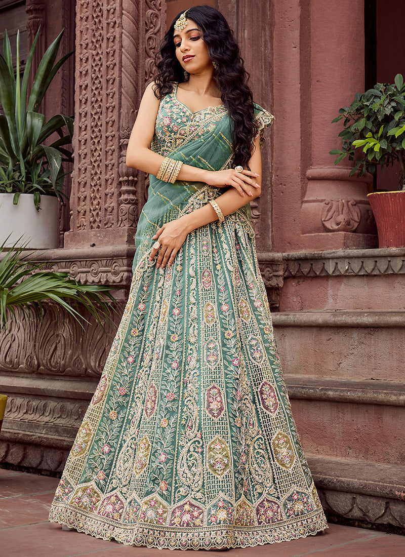 Net Light Green Wedding Wear Heavy Work Lehenga Choli