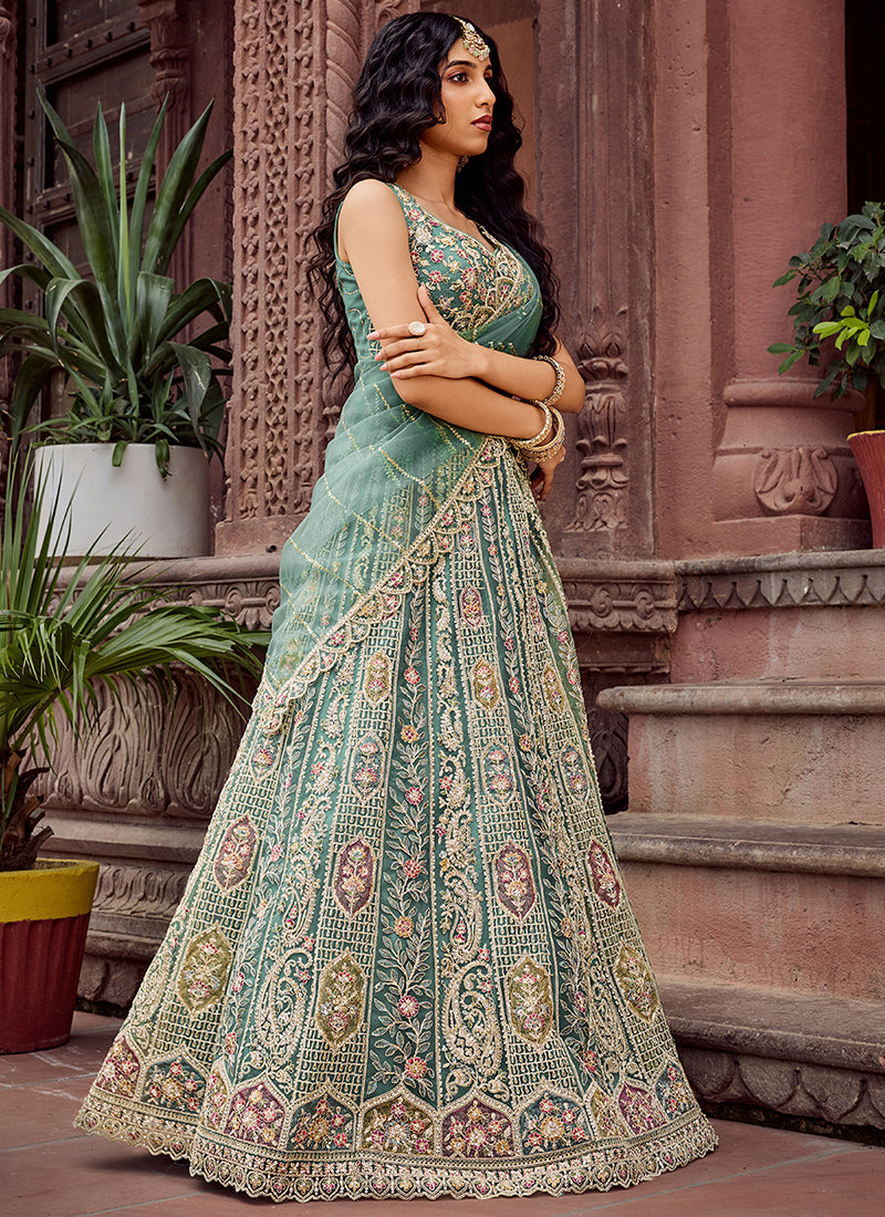 Net Light Green Wedding Wear Heavy Work Lehenga Choli