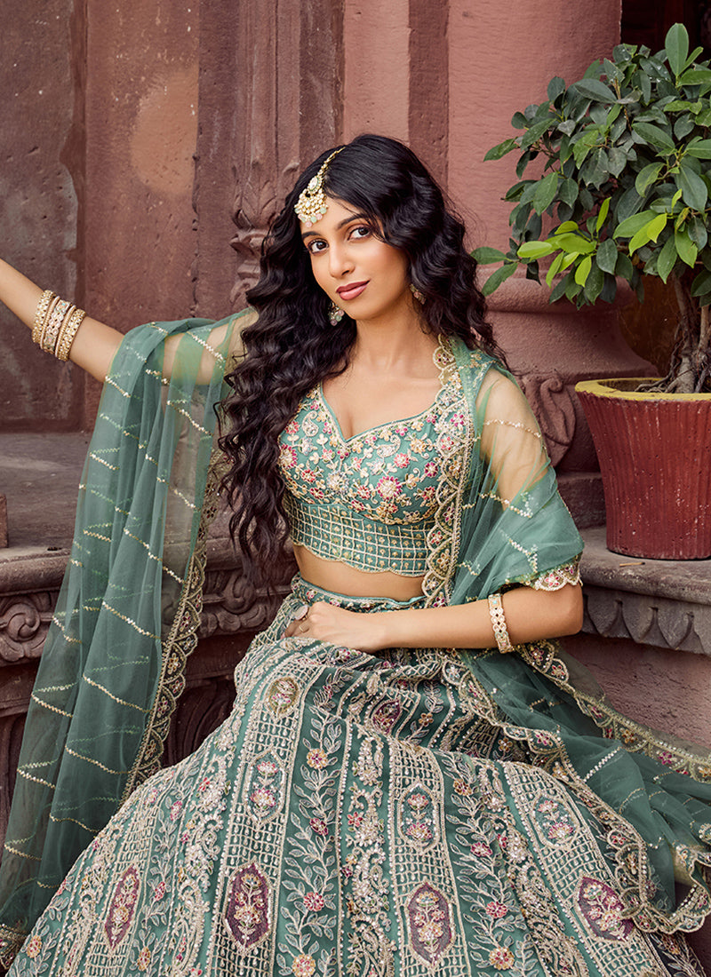 Net Light Green Wedding Wear Heavy Work Lehenga Choli