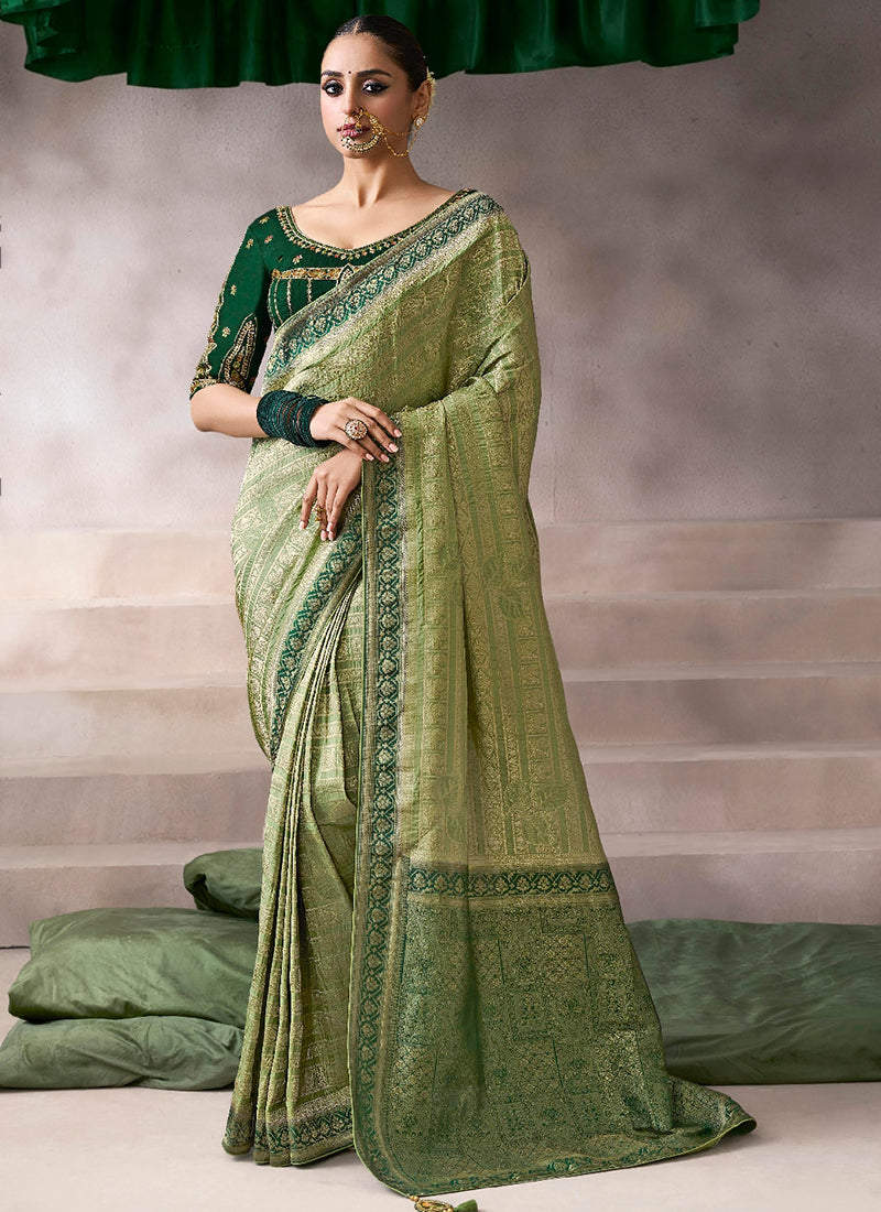 Pure Crepe Light Green Wedding Wear Heavy Work Wedding Saree