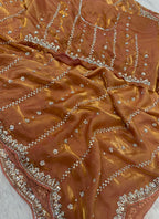 Light Orange Fendi Satin Sequins Work Festival Wear Saree SW210519