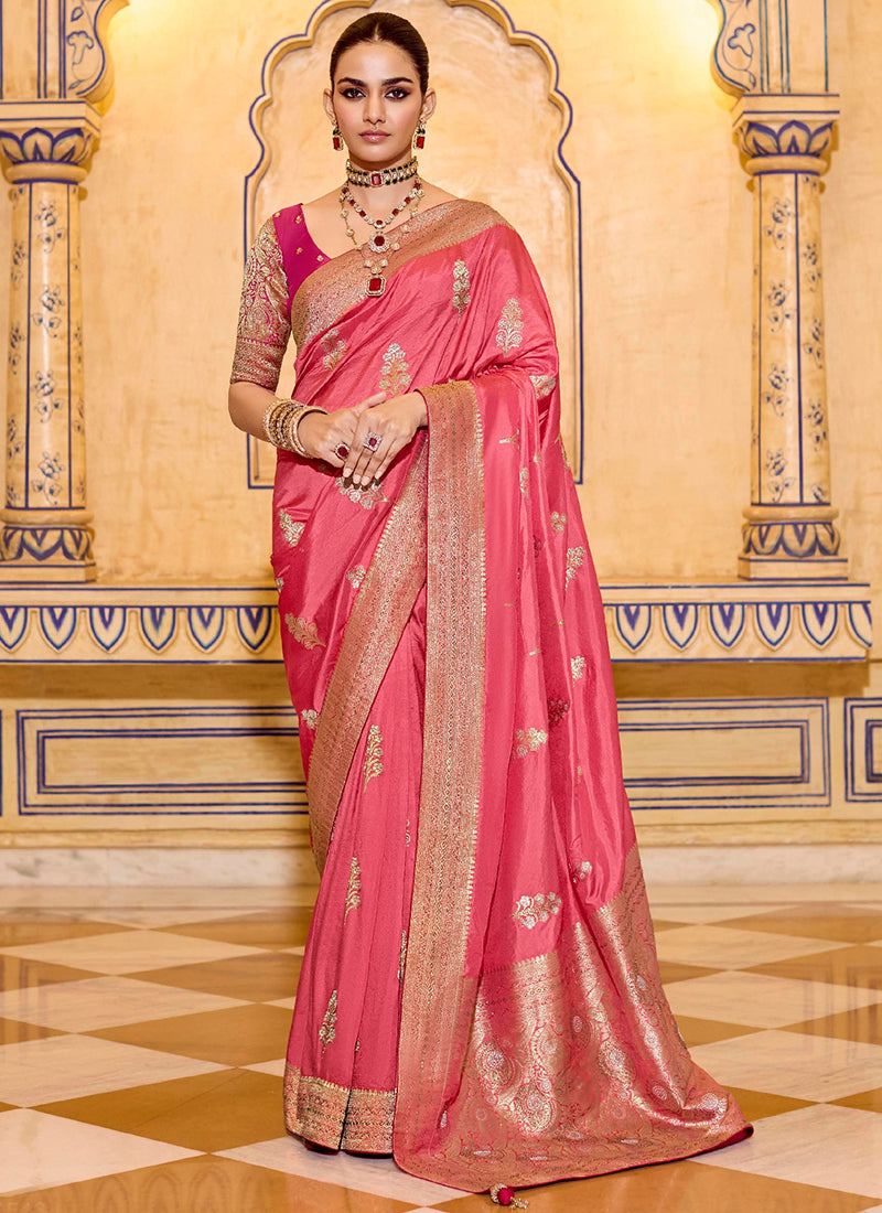 Banarasi Crepe Silk Light Pink Party Wear Weaving Work Saree