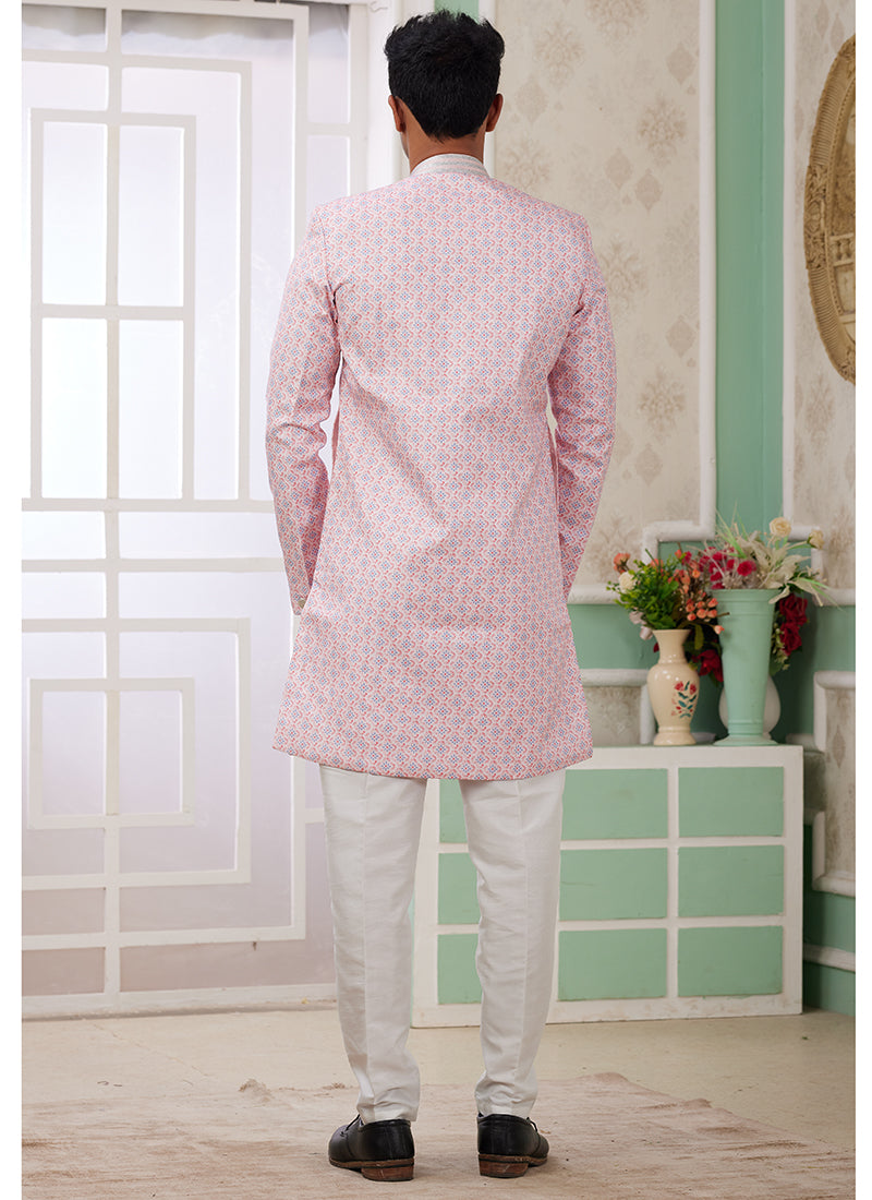 Banarasi Jacquard Light Pink Festival Wear Embroidery Work Readymade Indo Western Sherwani