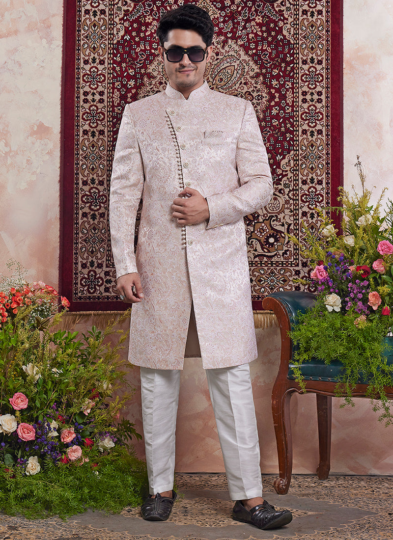 Banarasi Jacquard Light Pink Wedding Wear Pattern Pc Work Readymade Sherwani