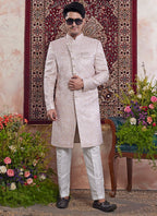 Banarasi Jacquard Light Pink Wedding Wear Pattern Pc Work Readymade Sherwani