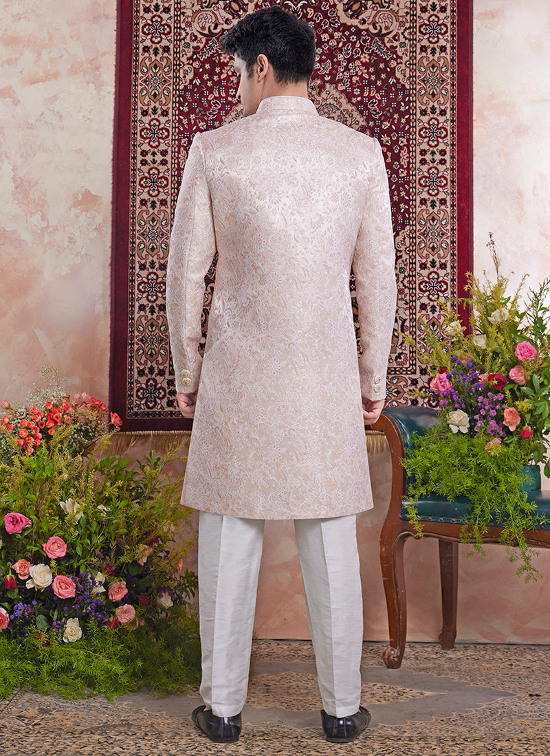 Banarasi Jacquard Light Pink Wedding Wear Pattern Pc Work Readymade Sherwani