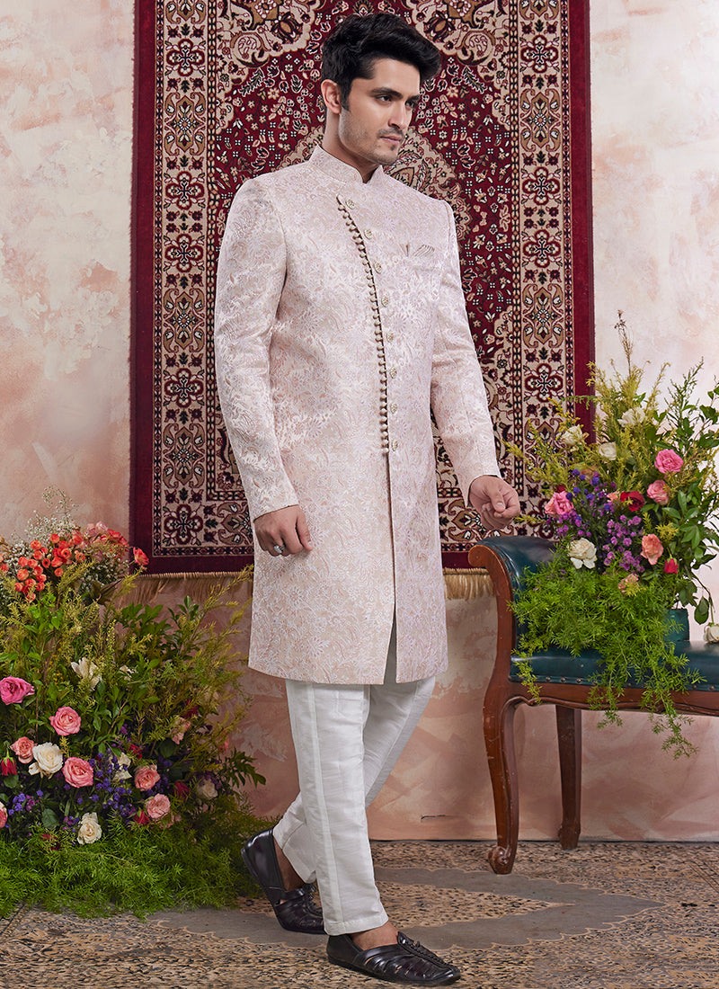 Banarasi Jacquard Light Pink Wedding Wear Pattern Pc Work Readymade Sherwani