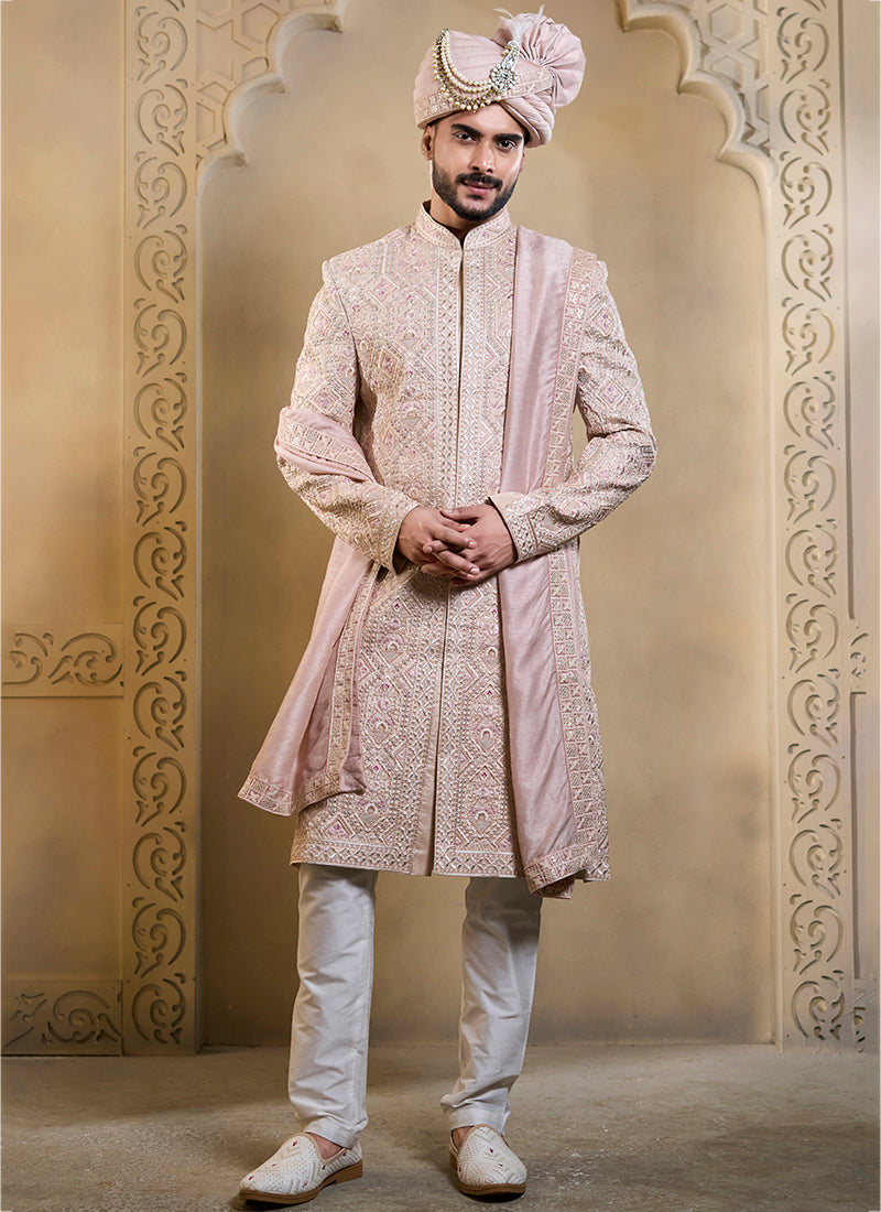Light Pink Heavy Silk Heavy Embroidery Work Wedding Wear Readymade Groom Sherwani SW338706