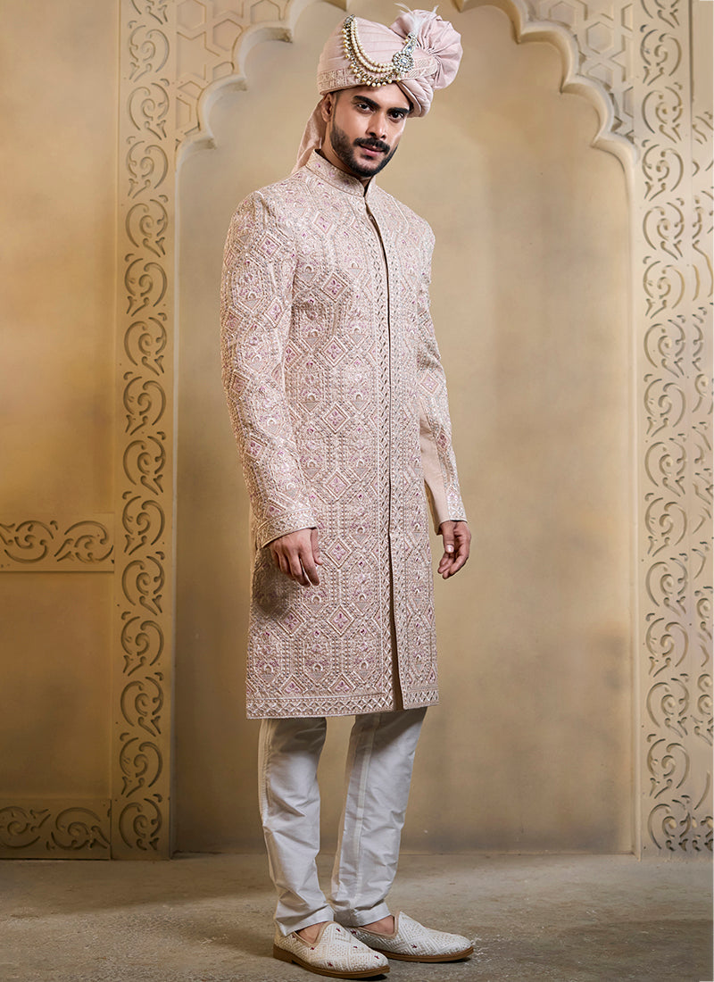 Light Pink Heavy Silk Heavy Embroidery Work Wedding Wear Readymade Groom Sherwani SW338706
