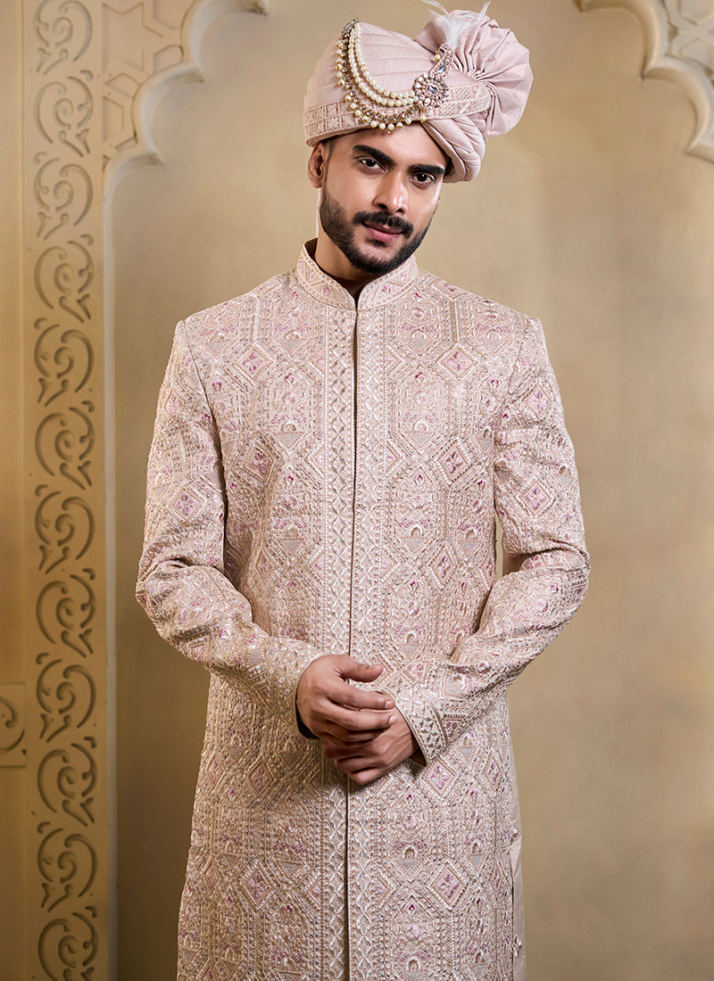 Light Pink Heavy Silk Heavy Embroidery Work Wedding Wear Readymade Groom Sherwani SW338706
