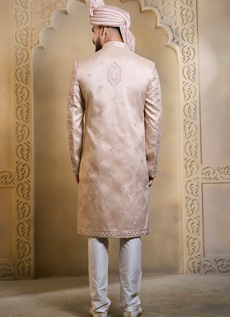 Light Pink Heavy Silk Heavy Embroidery Work Wedding Wear Readymade Groom Sherwani SW338706