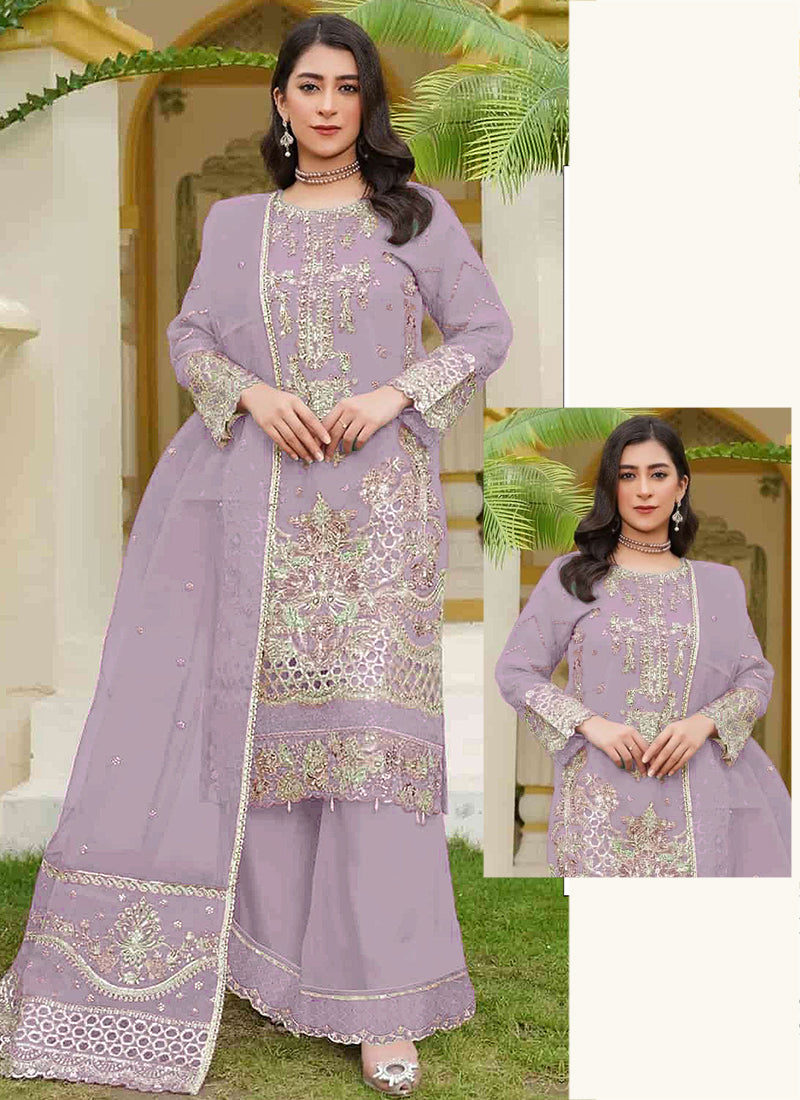 Faux Georgette Lilac Eid Wear Embroidery Work Pakistani Suit