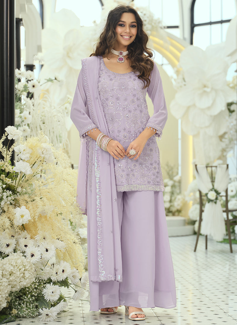 Lilac Georgette Sequins Work  Party Wear Readymade Plazzo Suit SW283369