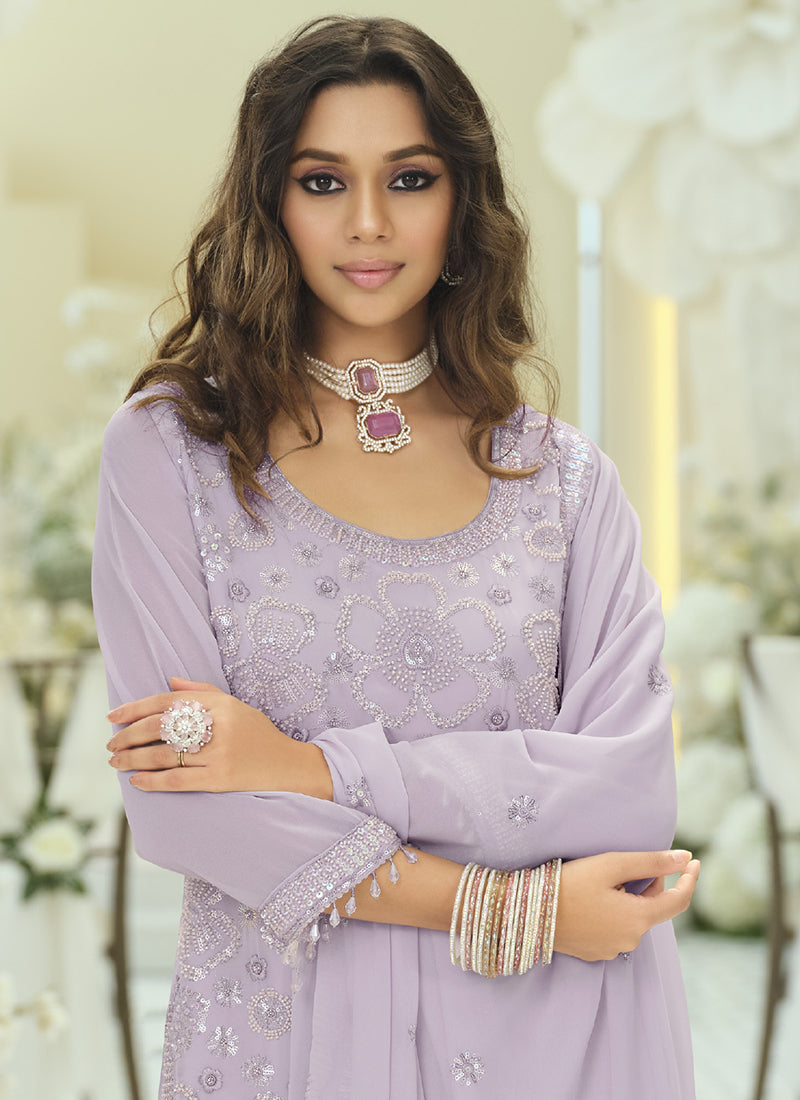 Lilac Georgette Sequins Work  Party Wear Readymade Plazzo Suit SW283369