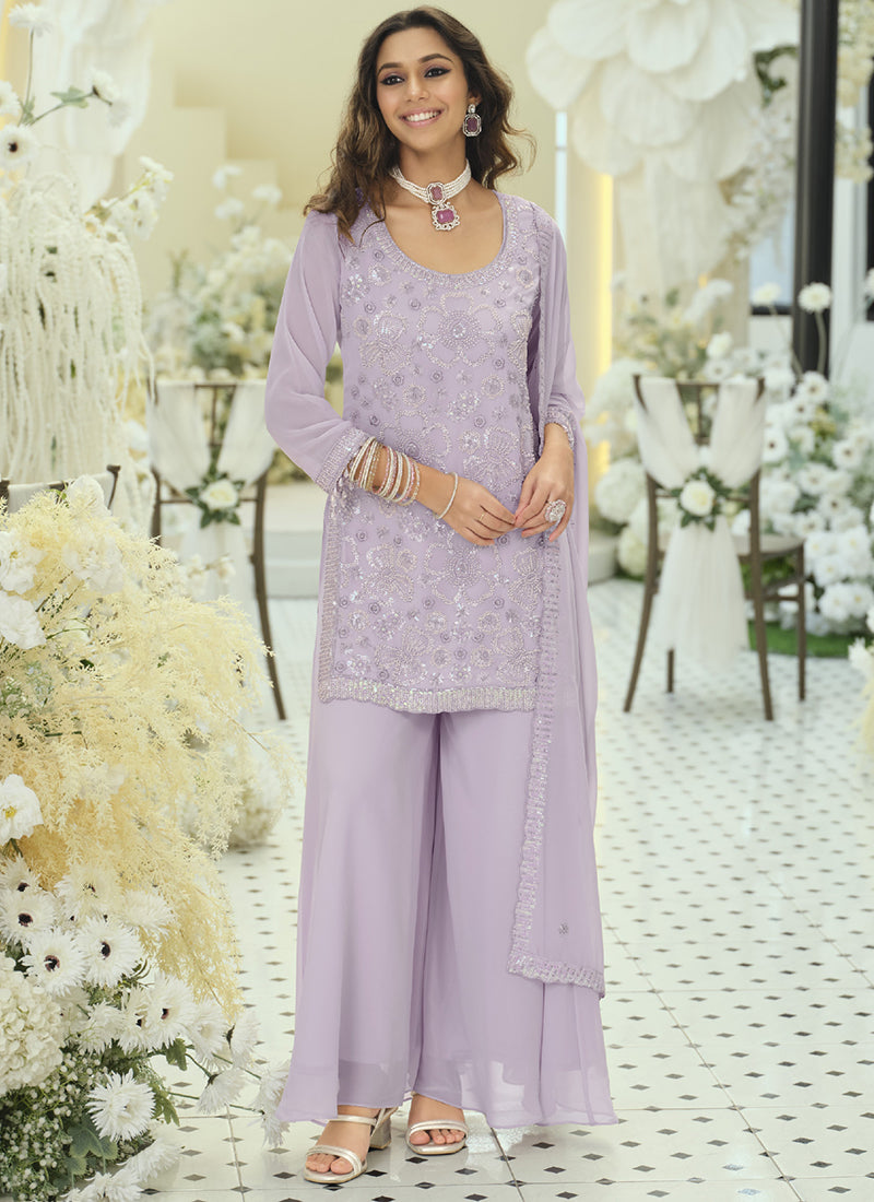 Lilac Georgette Sequins Work  Party Wear Readymade Plazzo Suit SW283369