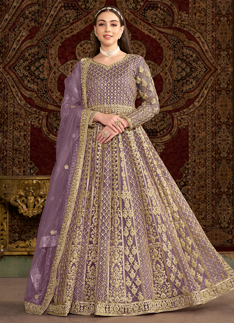 Net Lilac Wedding Wear Embroidery Work Anarkali Suit