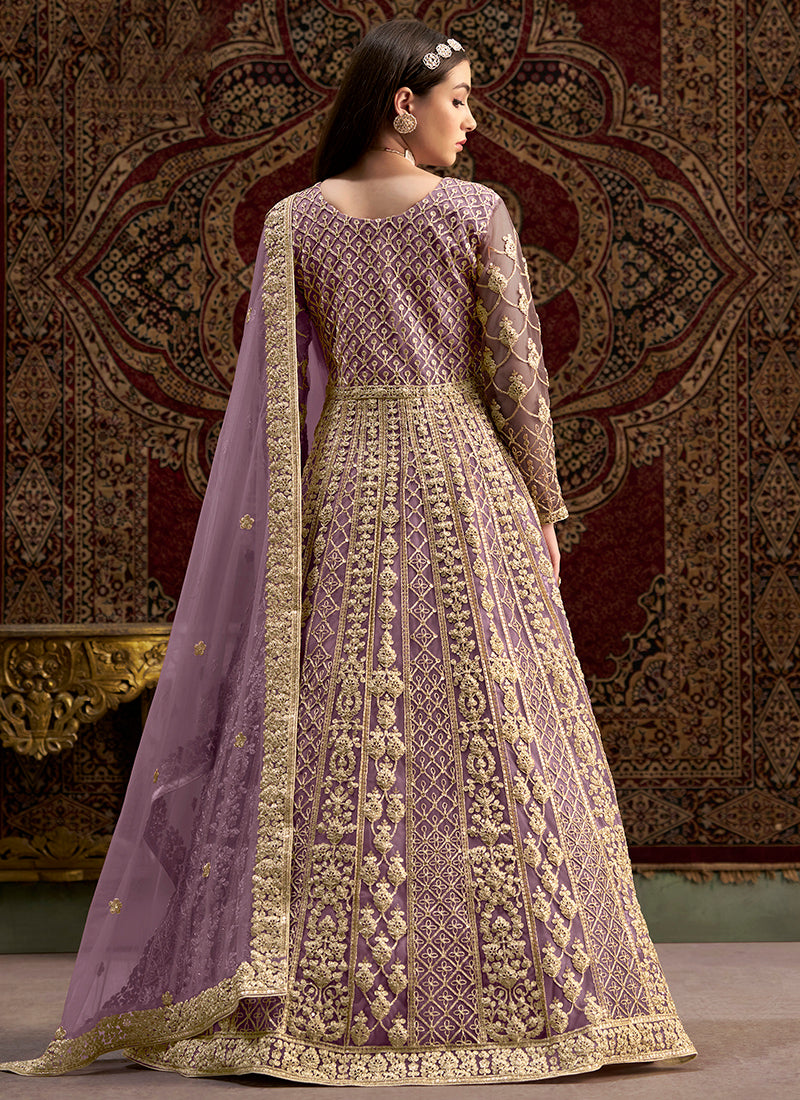 Net Lilac Wedding Wear Embroidery Work Anarkali Suit