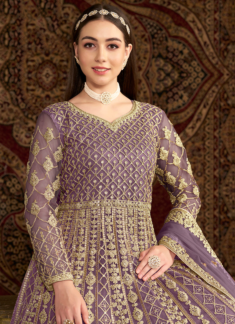 Net Lilac Wedding Wear Embroidery Work Anarkali Suit