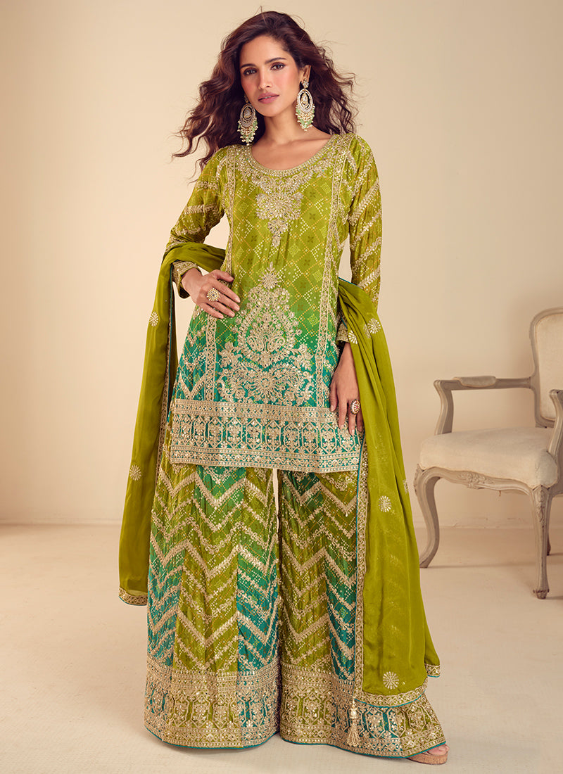 Chinnon Lime Green Wedding Wear Emroidery Workxl Readymade Plazzo Suit