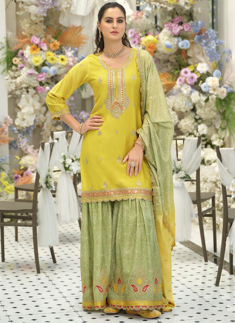 Lime Green Chinon Embroidery Work Eid Wear Readymade Plazzo Suit SW403638
