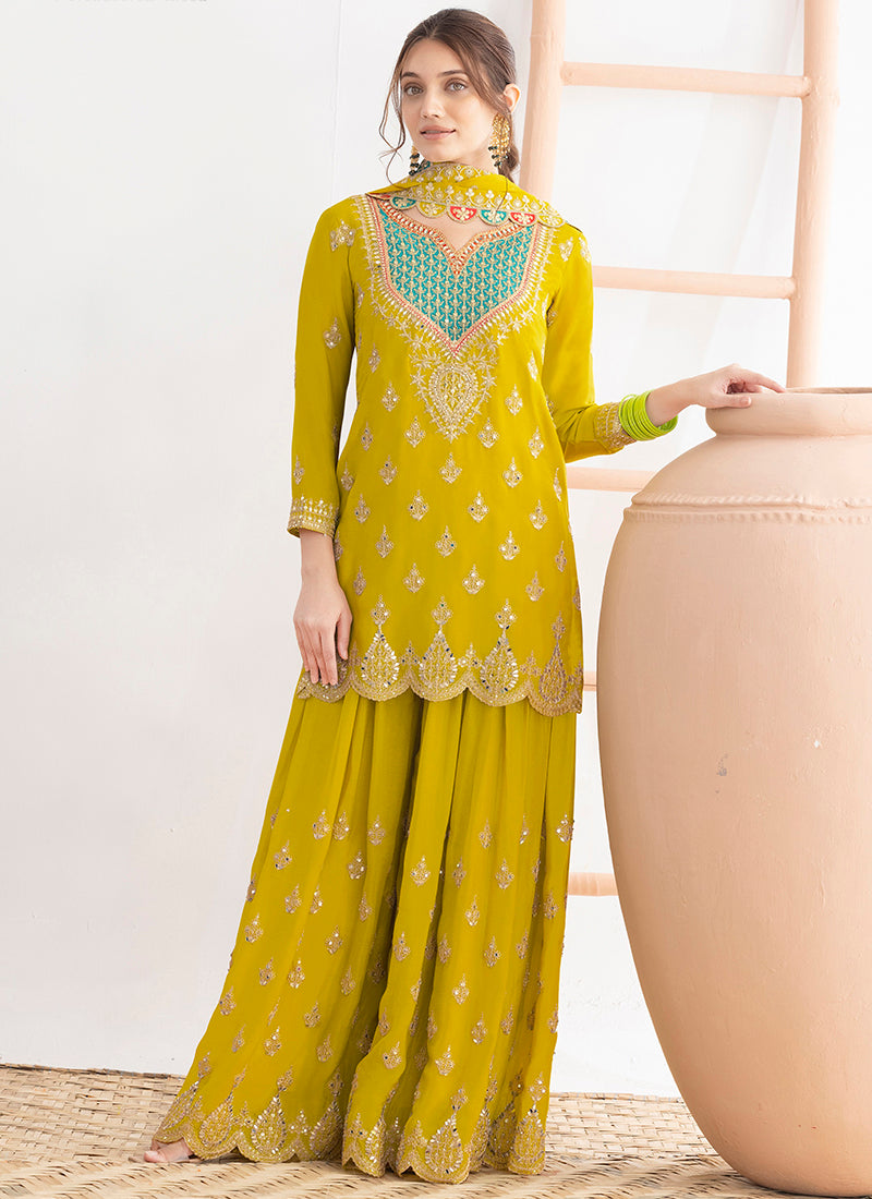 Chinon Lime Green Wedding Wear Embroidery Hand Work Readymade Plazzo Suit