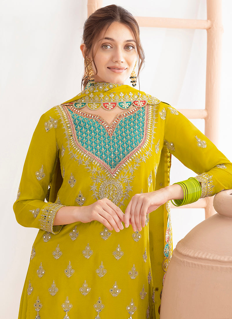 Chinon Lime Green Wedding Wear Embroidery Hand Work Readymade Plazzo Suit
