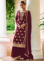 Maroon Chinon Sequins Work  Wedding Wear Readymade Plazzo Suit SW178833
