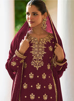 Maroon Chinon Sequins Work  Wedding Wear Readymade Plazzo Suit SW178833