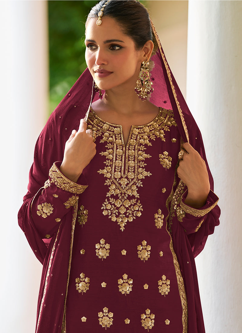 Maroon Chinon Sequins Work  Wedding Wear Readymade Plazzo Suit SW178833