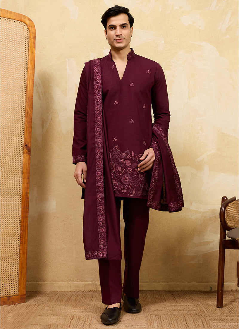 Maroon Vichitra Silk Embroidery Work Occasional Wear Readymade Kurta With Dupatta SW271566