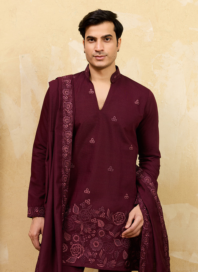 Maroon Vichitra Silk Embroidery Work Occasional Wear Readymade Kurta With Dupatta SW271566