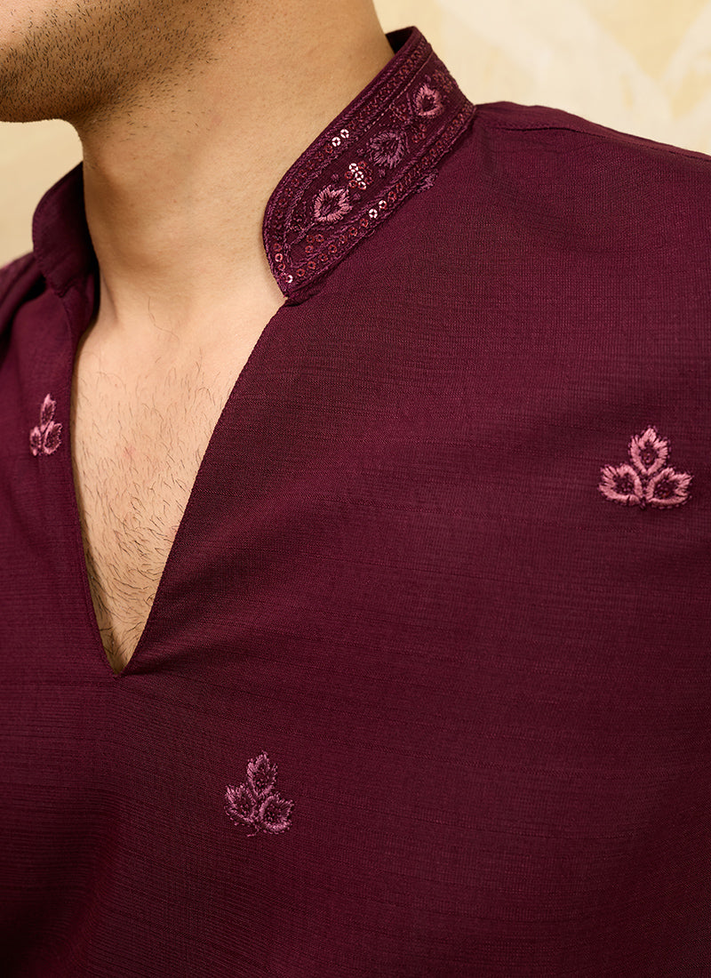 Maroon Vichitra Silk Embroidery Work Occasional Wear Readymade Kurta With Dupatta SW271566