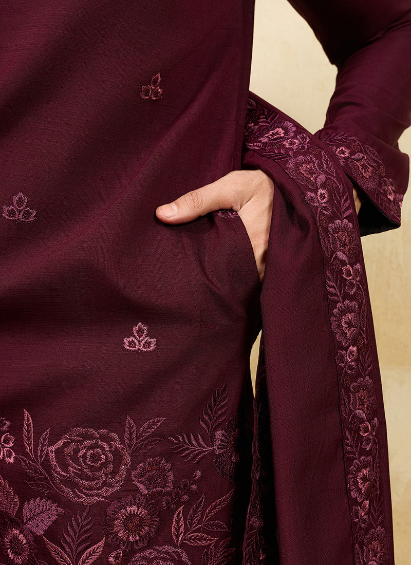 Maroon Vichitra Silk Embroidery Work Occasional Wear Readymade Kurta With Dupatta SW271566