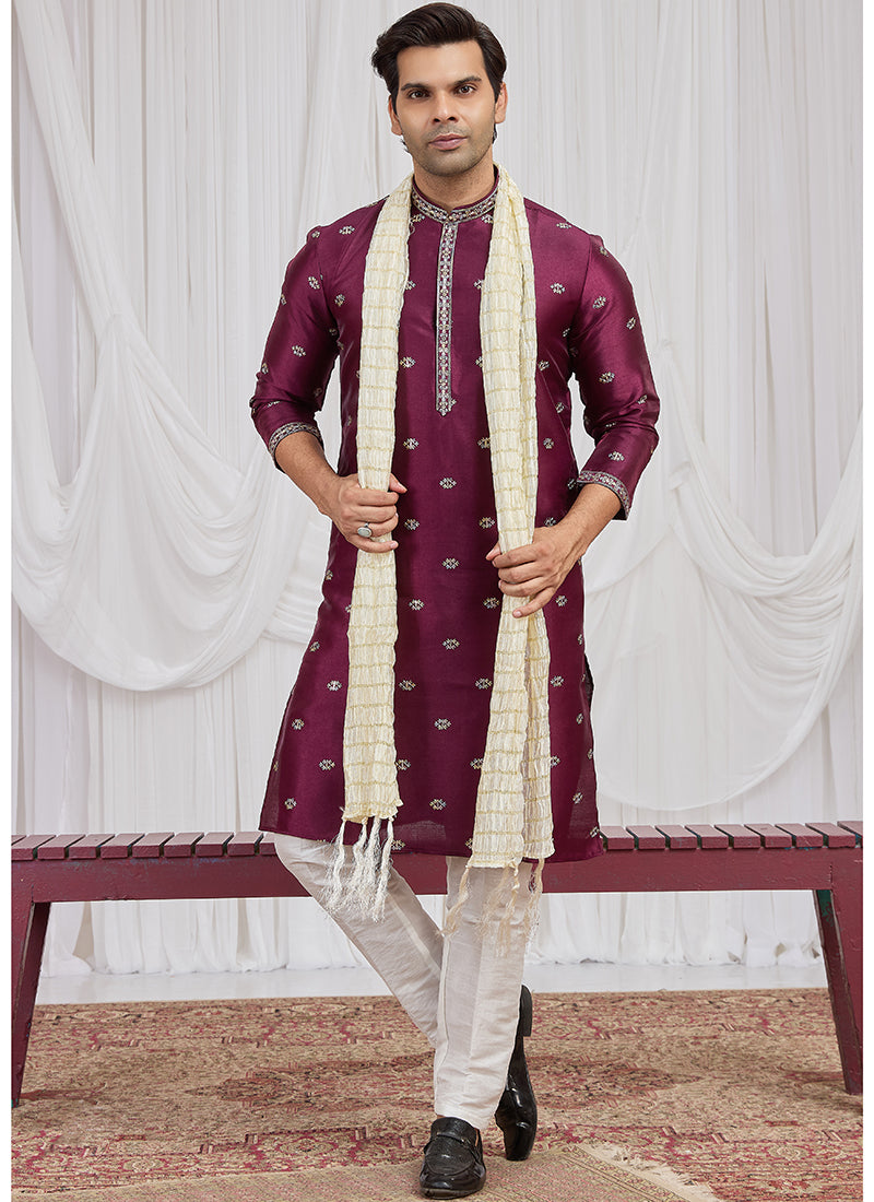 Magenta Art Silk Patten Pcs Occasional Wear Readymade Kurta Pajama With Stole SW408189