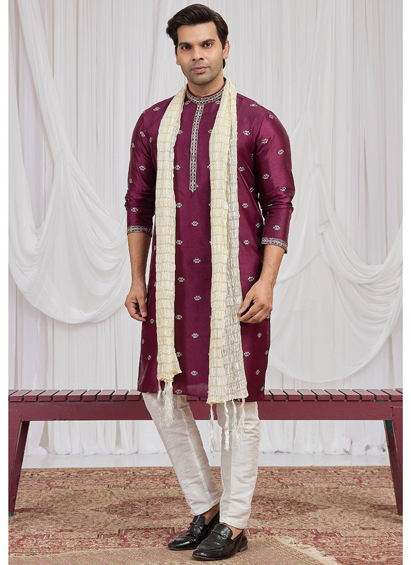 Magenta Art Silk Patten Pcs Occasional Wear Readymade Kurta Pajama With Stole SW408189