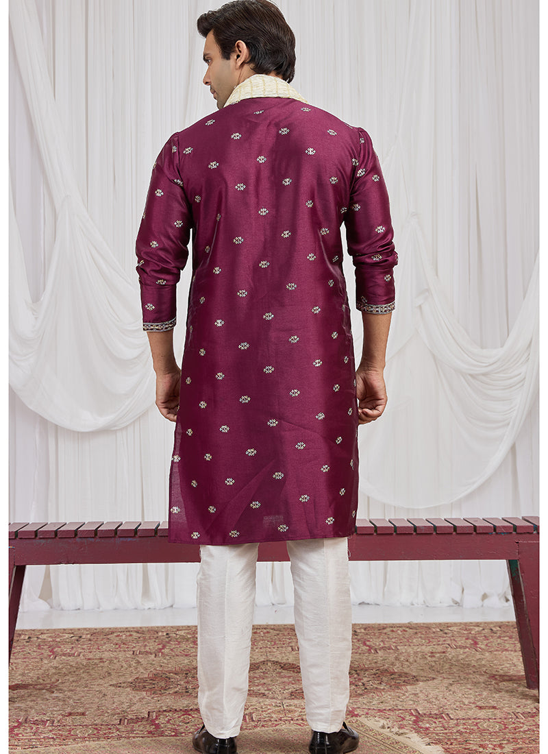 Magenta Art Silk Patten Pcs Occasional Wear Readymade Kurta Pajama With Stole SW408189