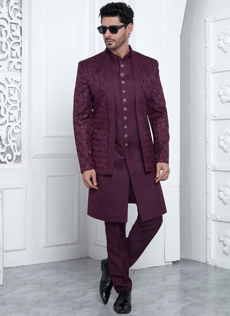 Art Silk Magenta Wedding Wear Pattern Pc Readymade Sherwani