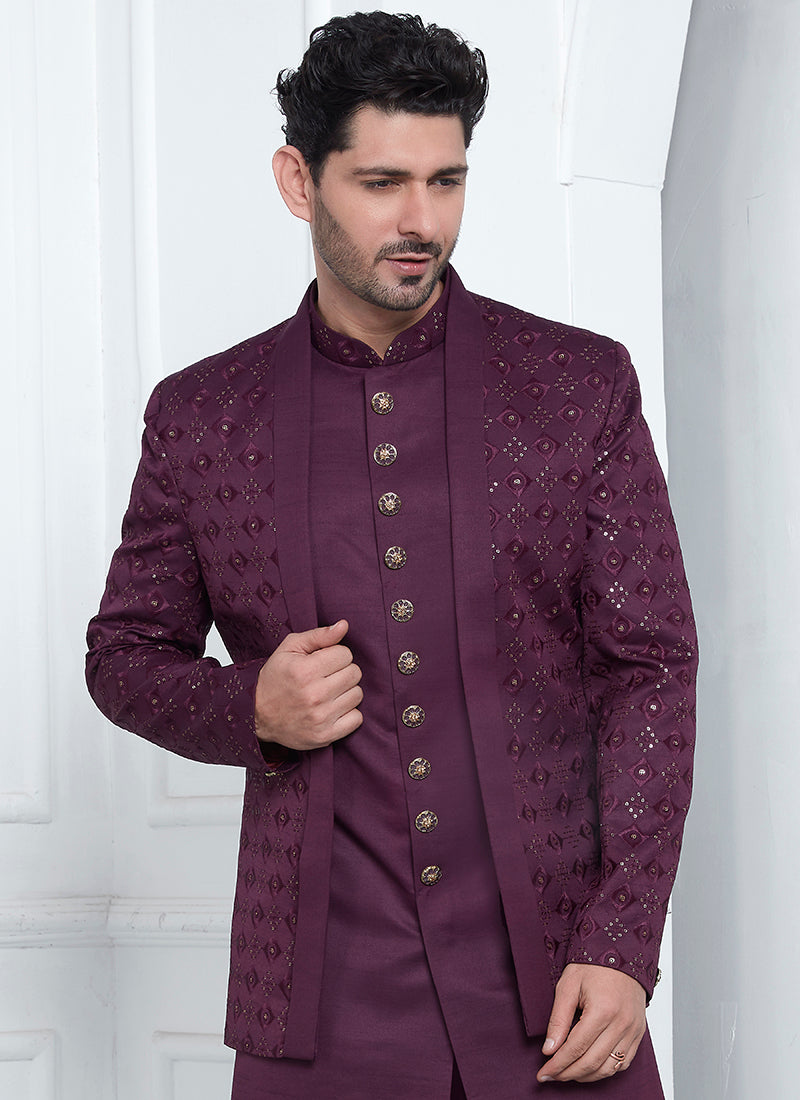 Art Silk Magenta Wedding Wear Pattern Pc Readymade Sherwani