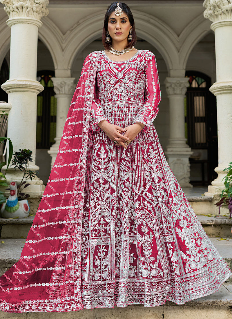 Magenta Butterfly Net Embroidery Work Wedding Wear Readymade Anarkali Suit SW578088