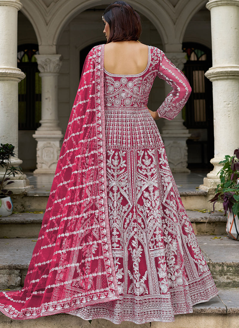 Magenta Butterfly Net Embroidery Work Wedding Wear Readymade Anarkali Suit SW578088
