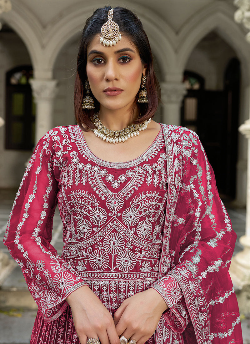 Magenta Butterfly Net Embroidery Work Wedding Wear Readymade Anarkali Suit SW578088