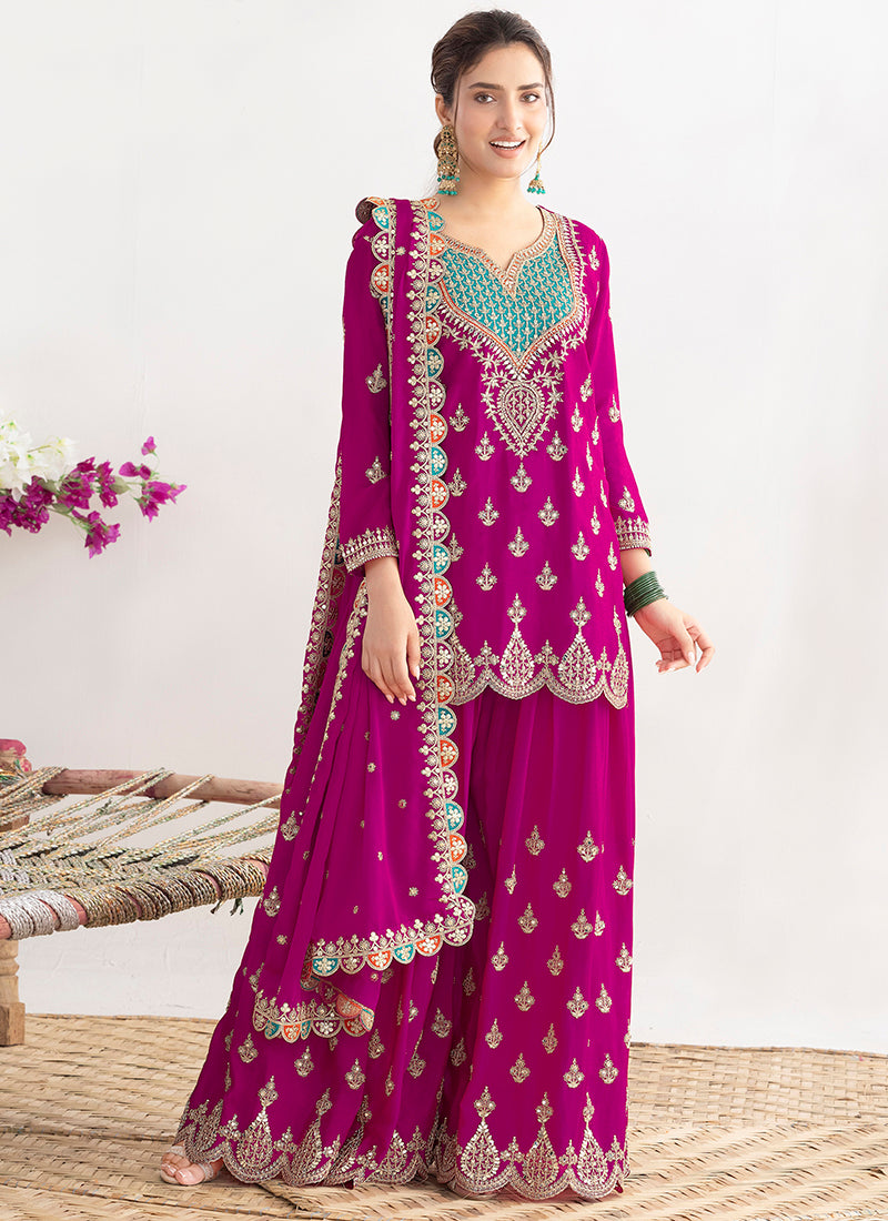 Chinon Magenta Wedding Wear Embroidery Hand Work Readymade Plazzo Suit