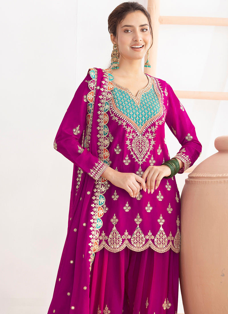 Chinon Magenta Wedding Wear Embroidery Hand Work Readymade Plazzo Suit
