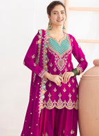 Chinon Magenta Wedding Wear Embroidery Hand Work Readymade Plazzo Suit