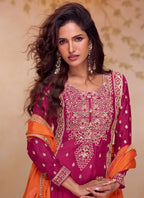 Magenta Chinon Embroidery Work Wedding Wear Readymade Plazzo Suit SW301018