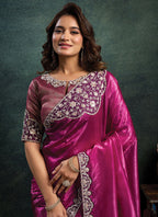 Crush Satin Silk Magenta Party Wear Sequins Embroidery Parties Saree 389014