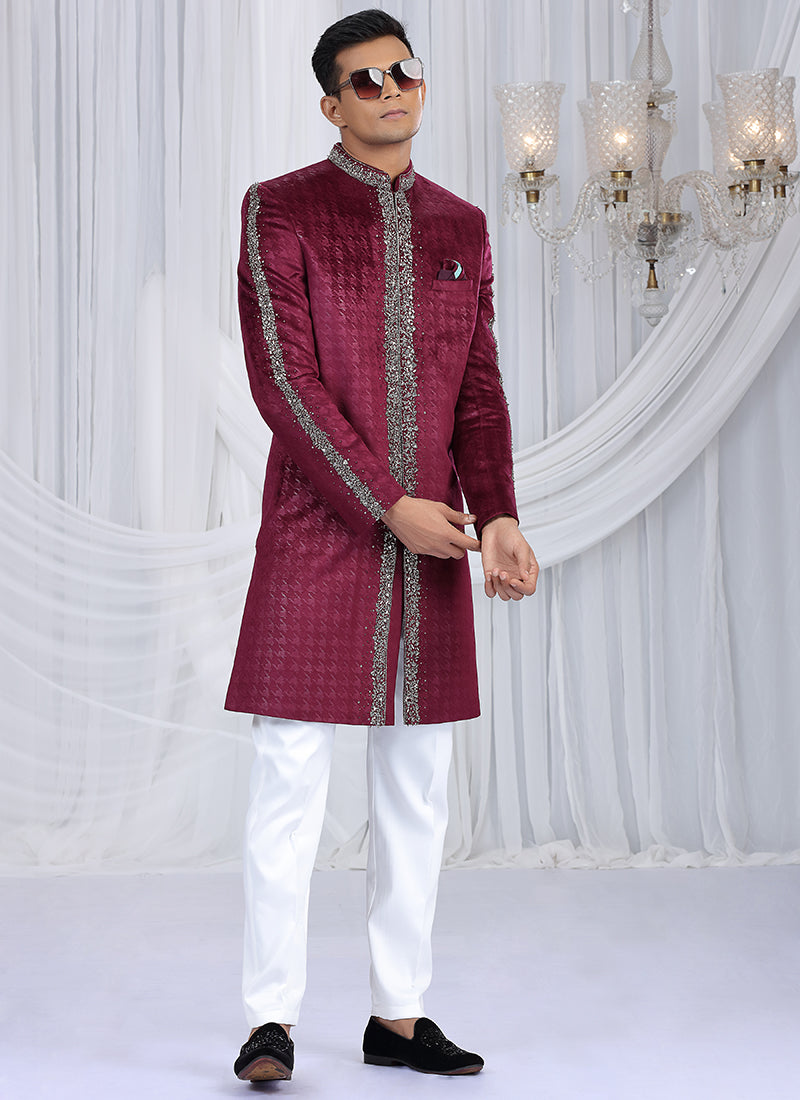 Embosed Velvet Magenta Wedding Wear Embroidery Work Readymade Sherwani
