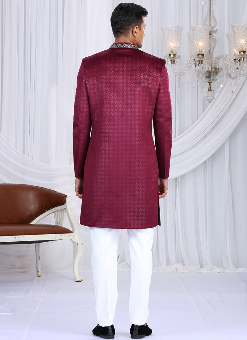 Embosed Velvet Magenta Wedding Wear Embroidery Work Readymade Sherwani